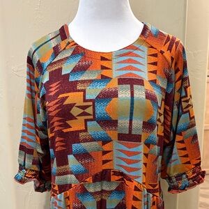 Double D Ranch Geometric Midi Dress in Orange and Blue